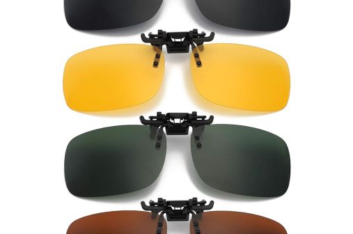 Wet road visibility. 4 coloured clip ons tinted clip-on sunglasses lens versus a polarised clip-on lens, showing colour differences