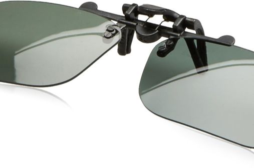 Clip-on sunglasses being attached to rectangular prescription glasses — showing how the clip mechanism sits over spectacle frames at the bridge