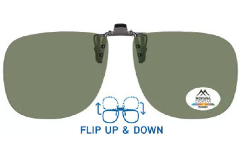 clip-on polarised glasses with green tinted lens front view