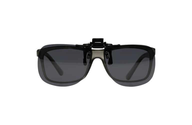 side view of polarised clip on sunglasses showing spring-fit clip attachment