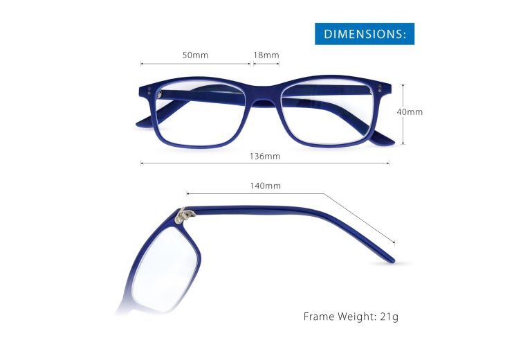 Aqua Blue Reading Glasses Dimensions