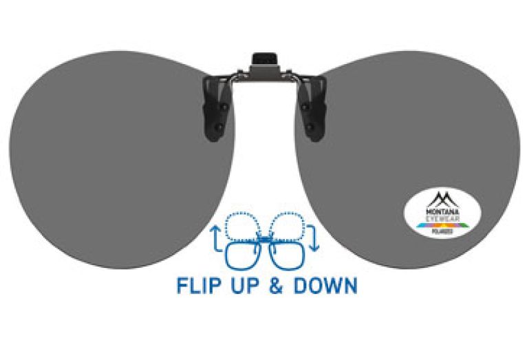 round clip-on sunglasses with polarised black lenses