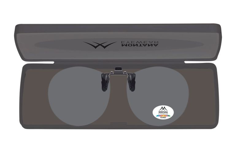 round clip-on sunglasses with included plastic carry case