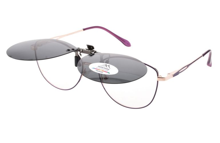 side view of round clip on sunglasses showing spring clip mechanism