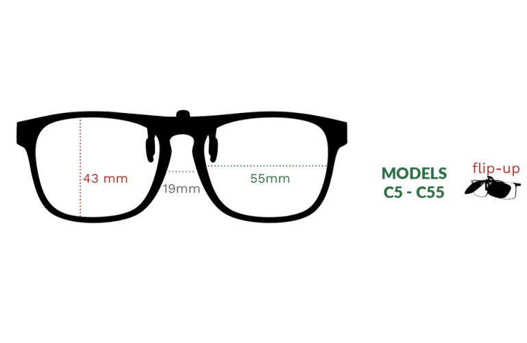 size guide for flip up clip-on sunglasses 55mm lens width 140mm frame width