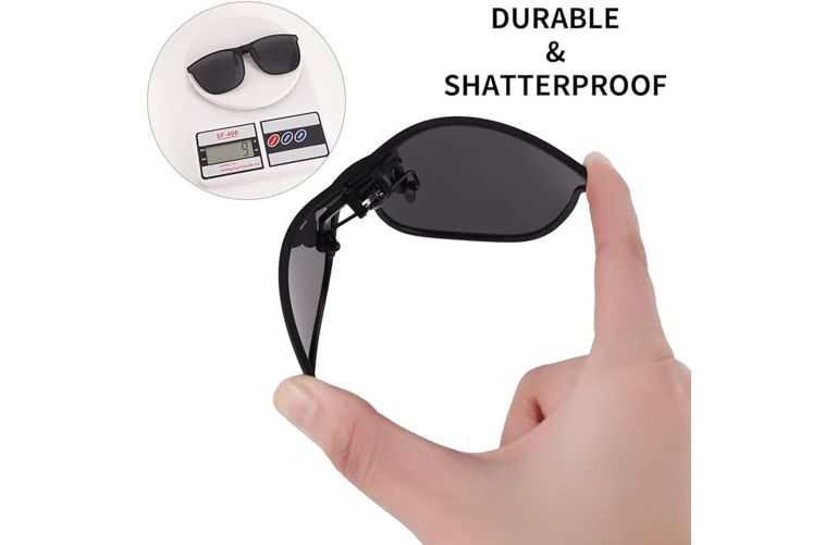 side view showing clip mechanism on clip-on sunglasses