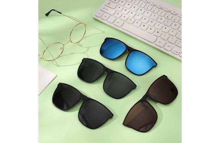 clip-on sunglasses set with black smoke brown blue lenses